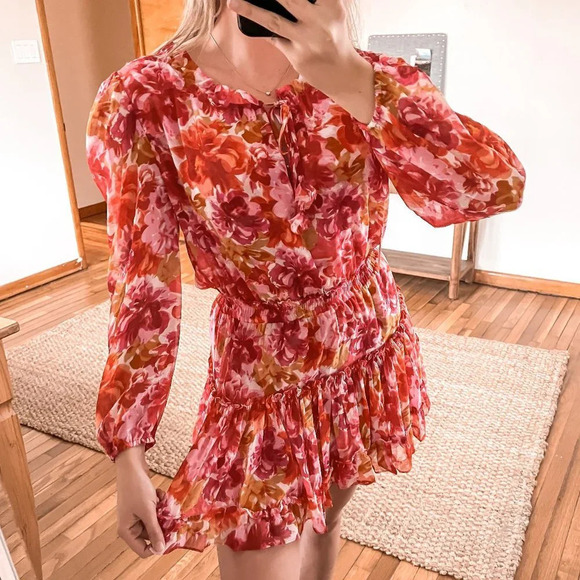 Misa Los Angeles Dresses & Skirts - Misa Los Angeles Clementine Floral Pink Ruffled Long Sleeve Mini Dress S NWT